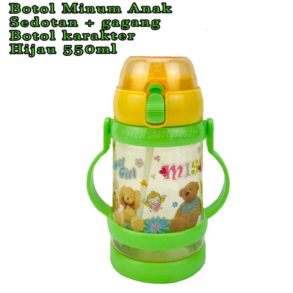 Botol minum berkarakter * Botol minum sedotan dan gagang * Power girl  Hijau * 550ml