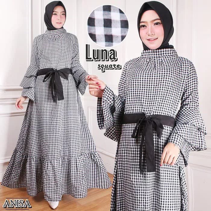 TRENDY Pakaian wanita muslim syari setelan ramadhan lebaran kotak kotak hitam putih maxi maxy gamis