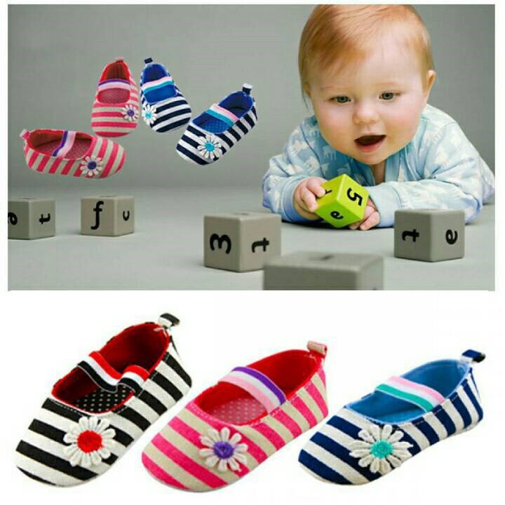 PW Flower stripe / sepatu bayi motif bunga garis-garis alas antislip