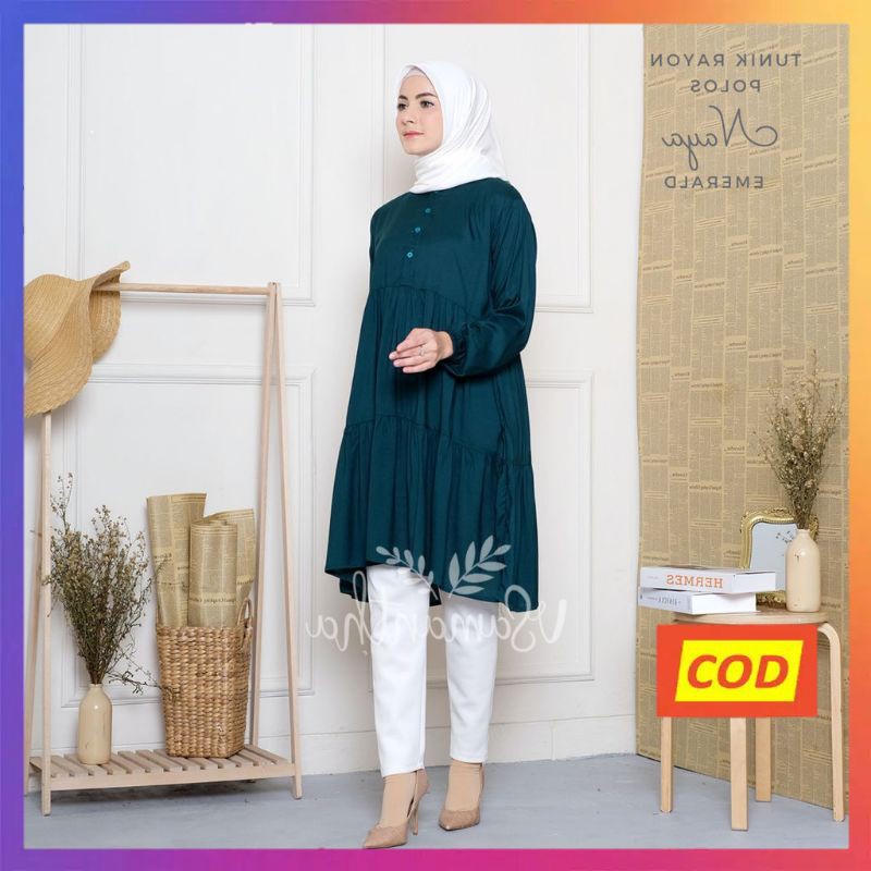 Nanoystore Tunik Muslim Polos Lengan Panjang Motif Rempel Bahan Katun Rayon Premium Warna Emerald