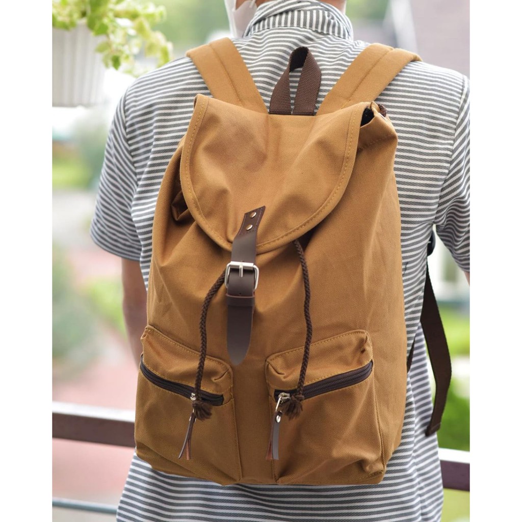 Tas ransel laptop pria wanita kuliah sekolah kerja kanvas heejou backpack travello tan serut vintage retro classic unisex