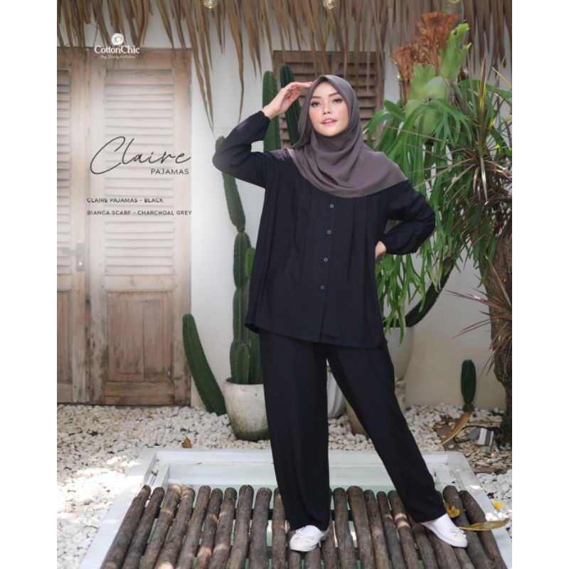 PIYAMA RAYON POLOS SEMI KULOT / CLAIRE PAJAMAS BLACK / COTTONCHIC / BAHAN SUPERADEM /BUSUI / TERKINI