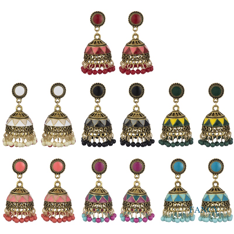 Anting Rumbai Manik-Manik Warna-Warni Bahan Alloy Gaya Etnik Vintage Untuk Wanita