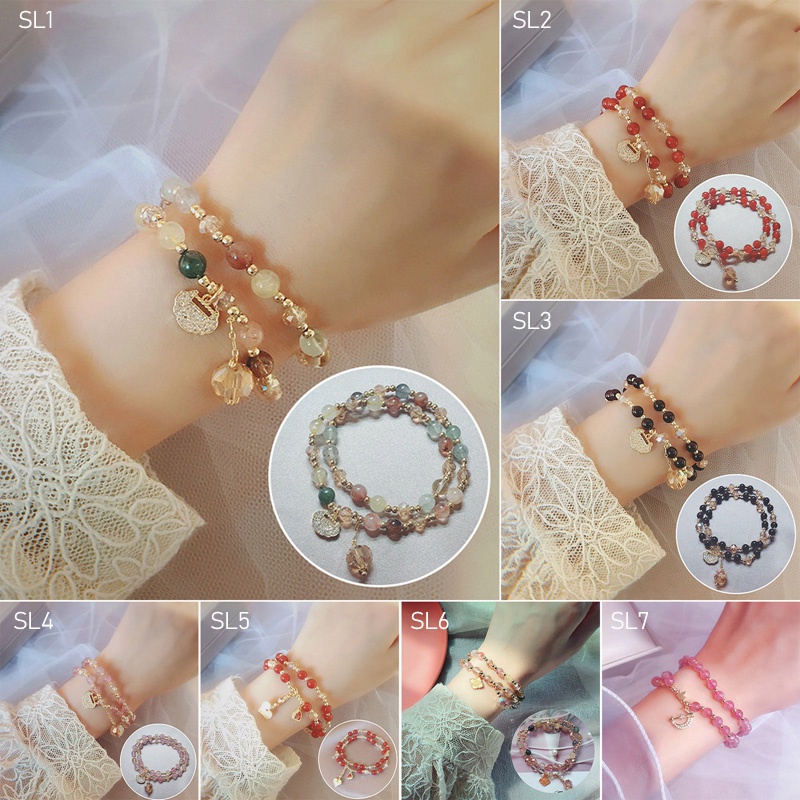 Gelang Kristal Garnet Bentuk Lingkaran Ganda Untuk Wanita