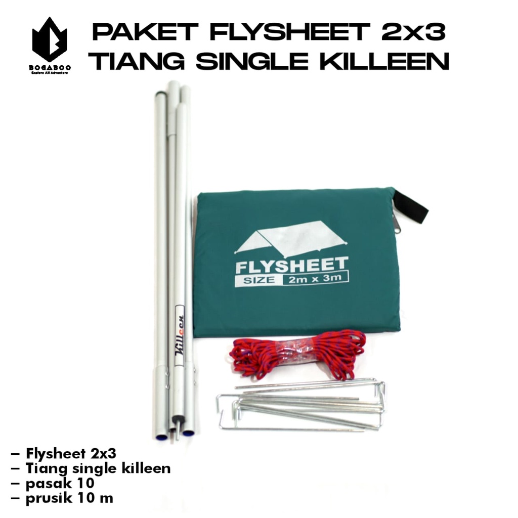 BISA (COD) PAKET Tiang Single Killeen + Flysheet 2x3 + Tali Perusik 10 M + Pasak 10Pcs