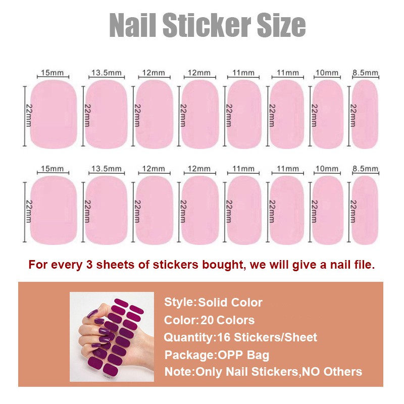 Cs001-020 16pcs/lembar Stiker Kuku Palsu Warna Polos Untuk Diy Nail Art