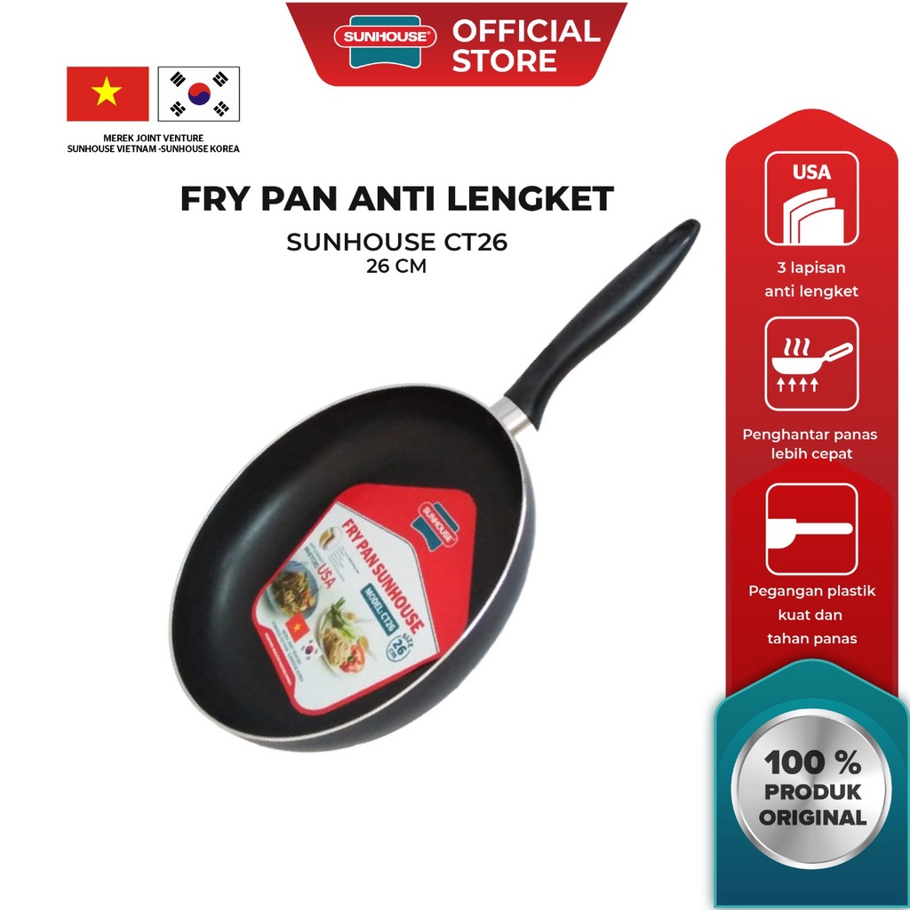 COD!!BARU!! Sunhouse CT-26 Plain Frypan Anti Lengket Hitam 26 cm 1 Pcs || Dapur || Peralatan Masak