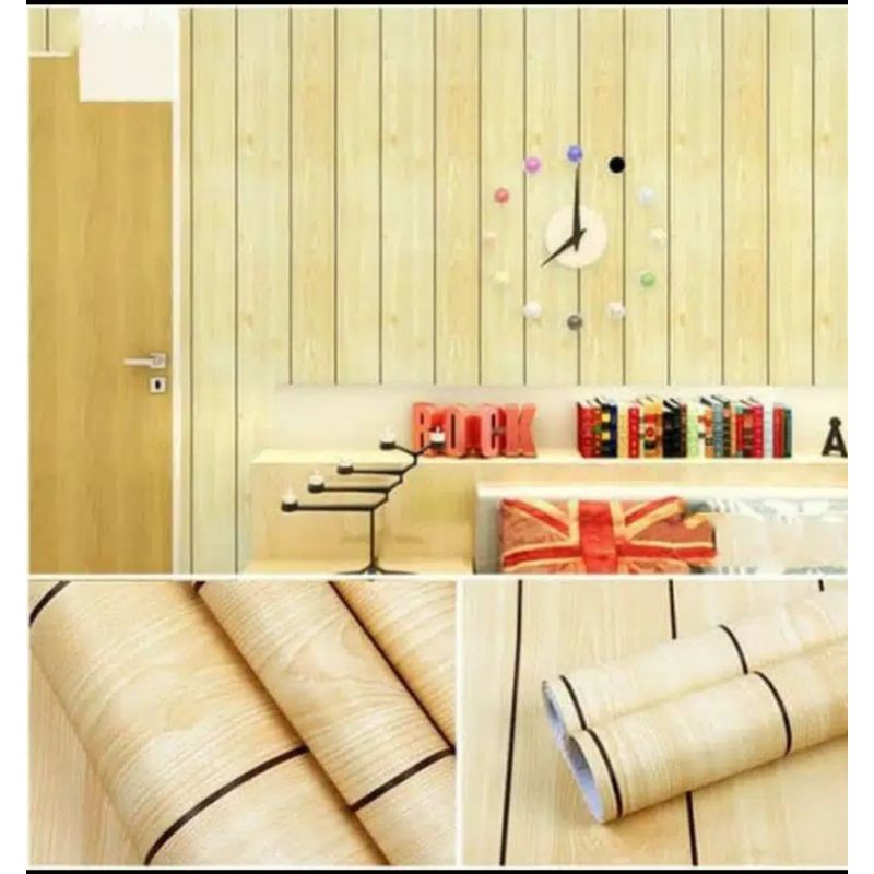 wallpaper stiker dinding motif kayu pernis kuning