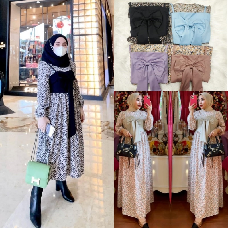 TATAOS ORI XOXO SHELLA SAUKIA GAMIS MOTIF BUNGA MIX VEST RIBBON PITA SIMPLE LUCU KOREAN STYLE HITS K