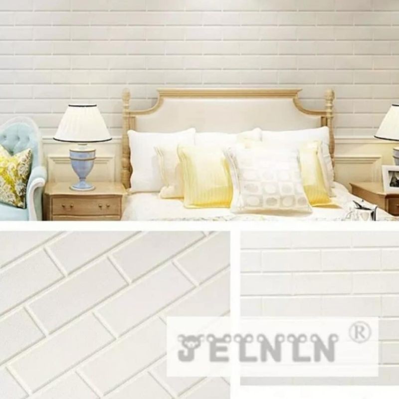 wallpaper sticker foam 3D motif bata kotak putih kulit jeruk permukaan timbul