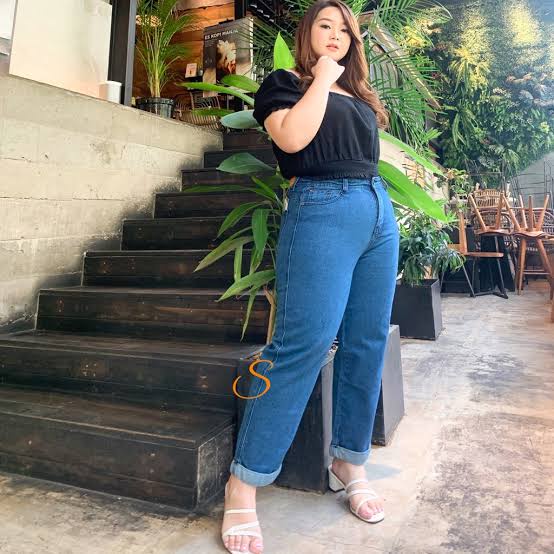 Baggy Boyfriend Jeans Wanita Jumbo Celana Jeans Oversize Big Size BB 55 - 105 KG - M FASHION