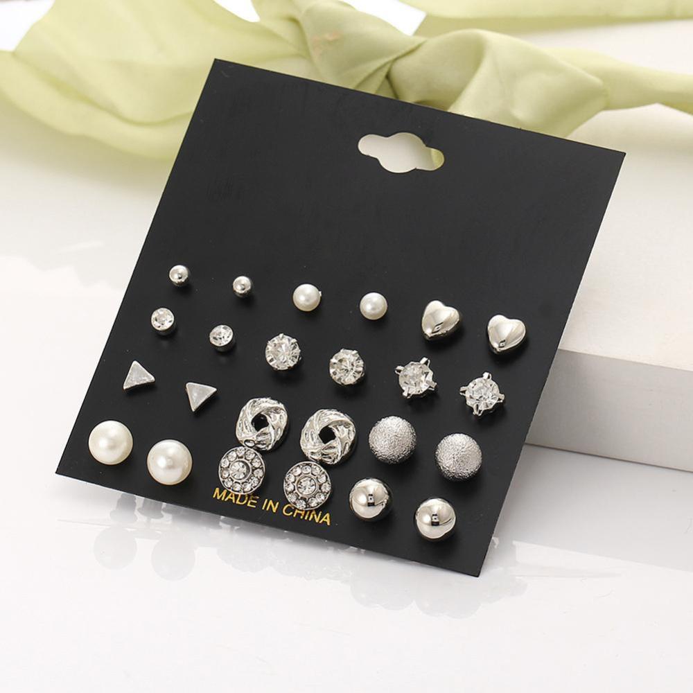 Timekey 12 Pasang / Set Anting Tusuk Desain Geometri Hias Zircon + Mutiara Untuk Wanita A9K4