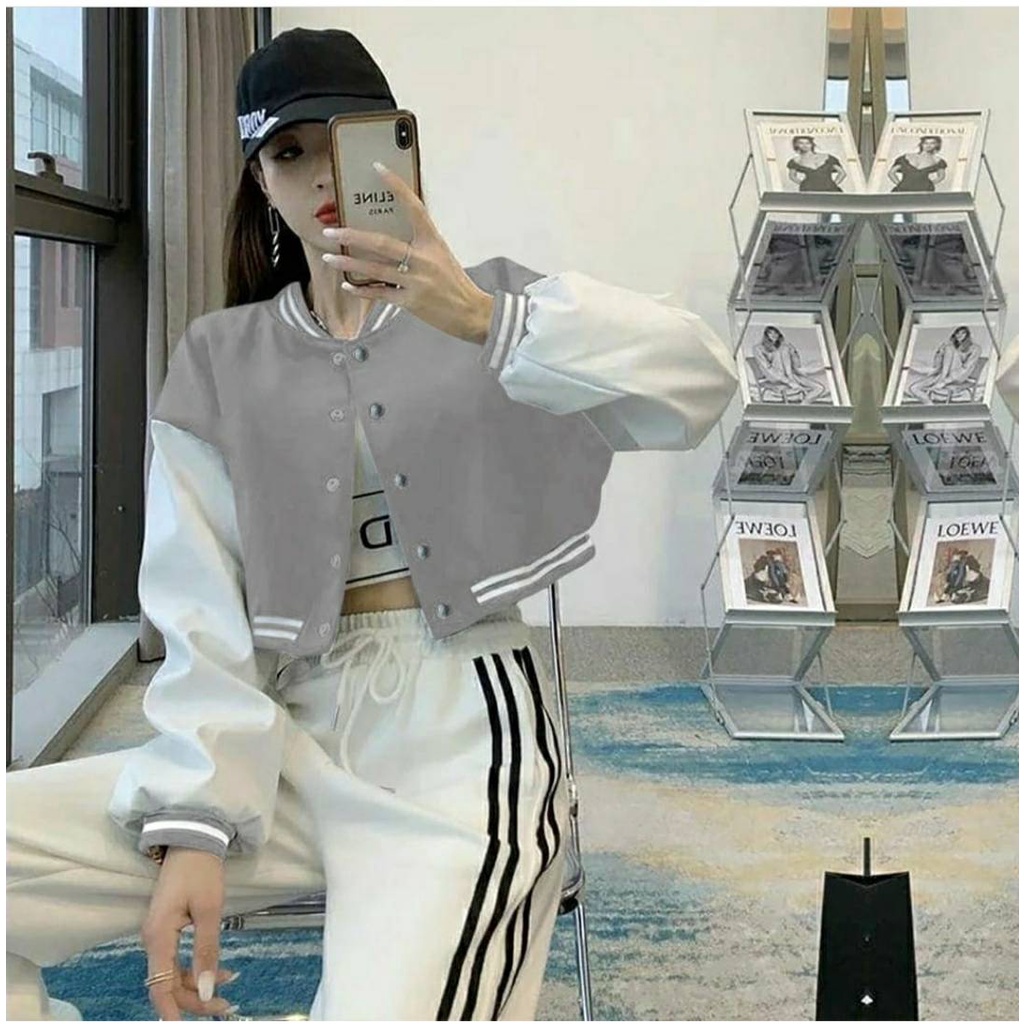 JAKET BASSBALL TERBARU JAKET ATASAN WANITA JAKET PREMIUM DISTRO BAHAN FLEECE TEBAL LEMBUT JAKET CROP OOTD KORAN STYLE BISA COD