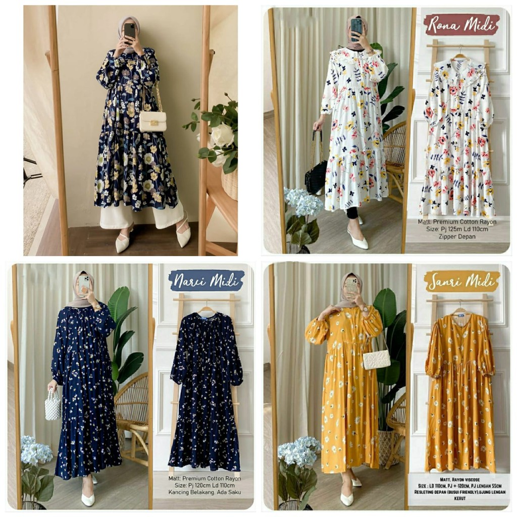 MIDI DRESS GAMIS PREMIUM  RAYON RONA TINA NARCI SANRI FITE SANSO CIMIA TRISHA LURIS MOA BINE GIOMI
