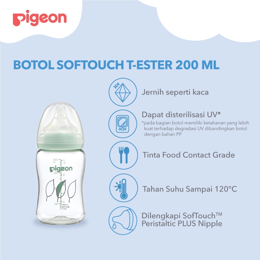 Pigeon SofTouch Peristaltic Plus PP Wide Neck Bottle T-Ester Light Green 0m+ Bulan Botol Susu 200ml