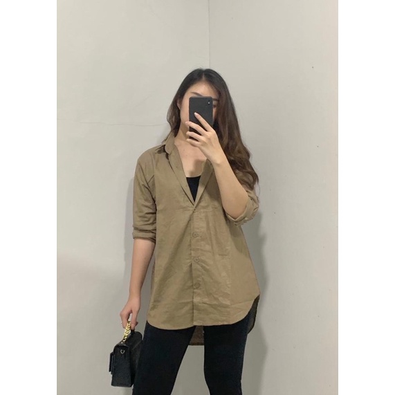 JOSHIN Gea Shirt - Atasan Kemeja Linen Wanita Oversize Pocket