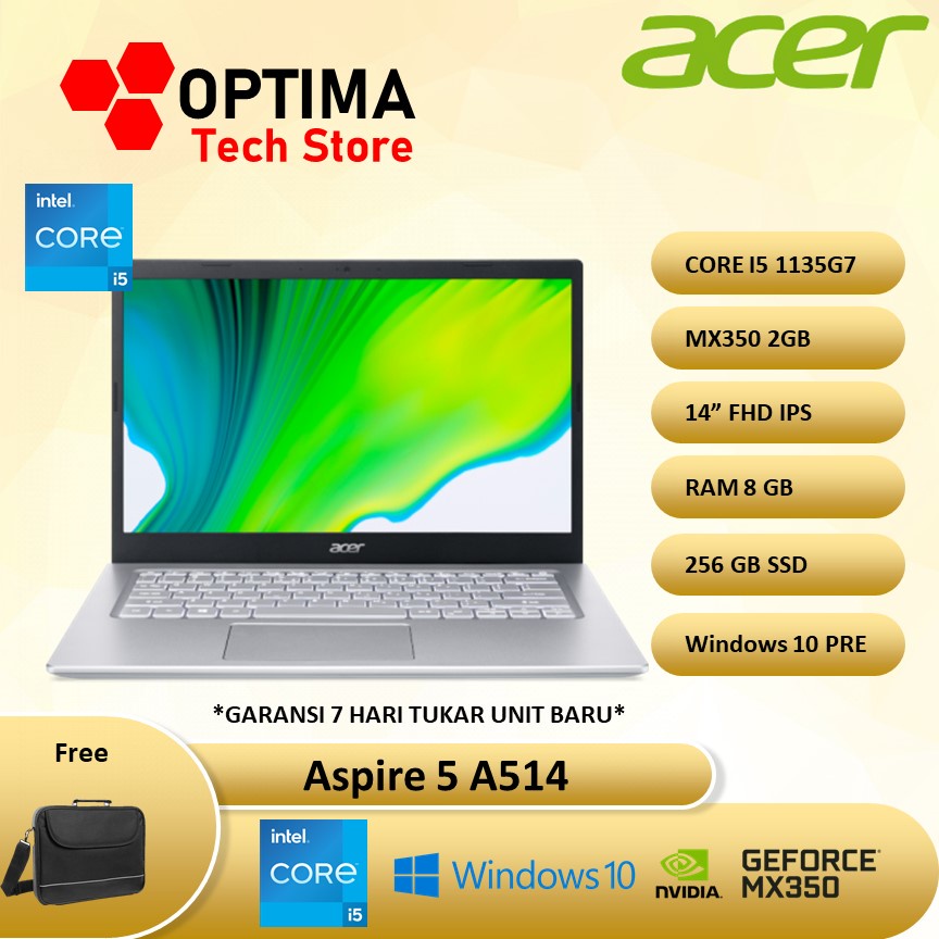 LAPTOP ACER ASPIRE 5 CORE I5 1135G7 RAM 8GB 512SSD MX350 2GB 14.0FHD IPS W10PRE