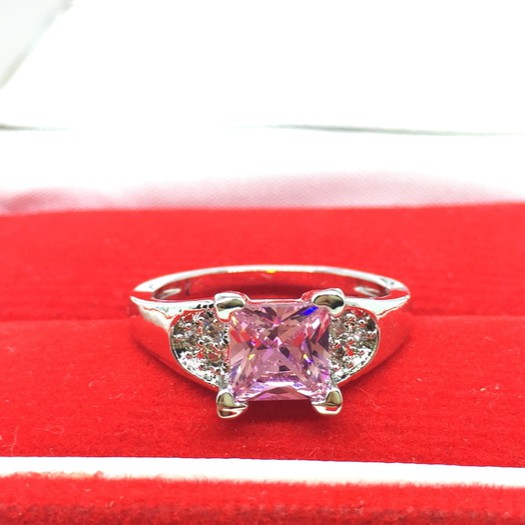 Cincin Lapis Emas Putih Batu Pink Kecil Bling Berlian Imitasi - BN082R