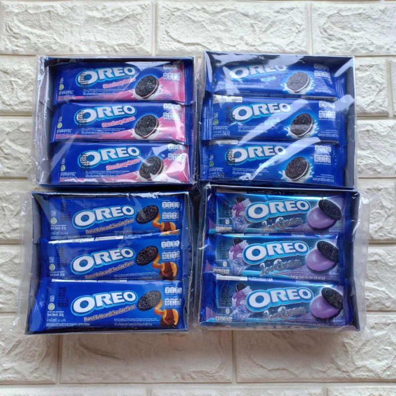 

OREO BISKUIT ORIGINAL STRAWBERRY CREME CHOCOLATE CREME ICE CREAM PEANUT BUTTER AND CHOCOLATE