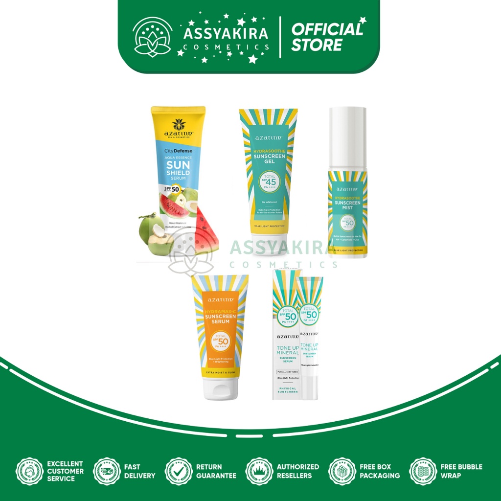 Azarine Hydrashoothe Sunscreen Gel SPF45 PA+++ | Azarine Aqua Essence Shield SPF50 PA++++ | Azarine Hydramax-C Sunscreen SPF50 PA++++ | Azarine Tone Up Mineral Sunscreen SPF50 PA++++ | Azarine Hydrasoothe Sunscreen Mist SPF50 PA++++