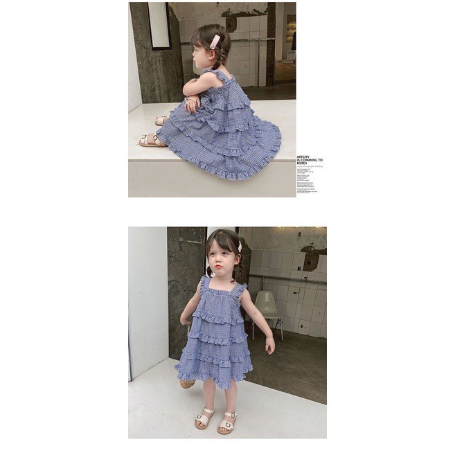 Dress Anak Perempuan Tanpa Lengan Motif Kotak Biru Import