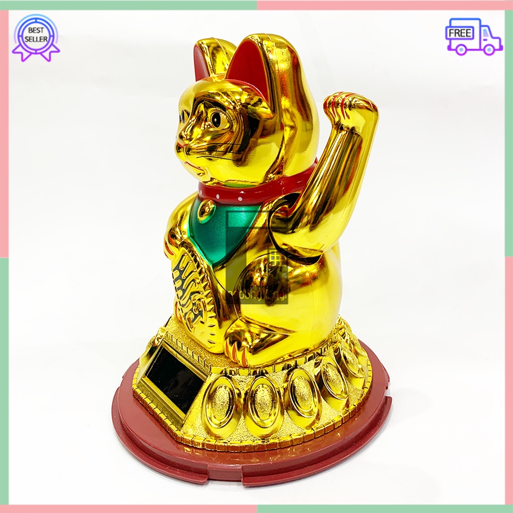 Boneka Patung Hiasan Dekorasi Pajangan Kucing Hoki Keberuntungan Lucky Cat Rejeki Maneki Neko Maneko Neki Emas Gold Tangan Gerak Goyang Baterai Batre Batrai Batrei Non Solar Listrik Jepang Cina China Meja Kasir Toko Size Ukuran Kecil Sedang Medium Besar