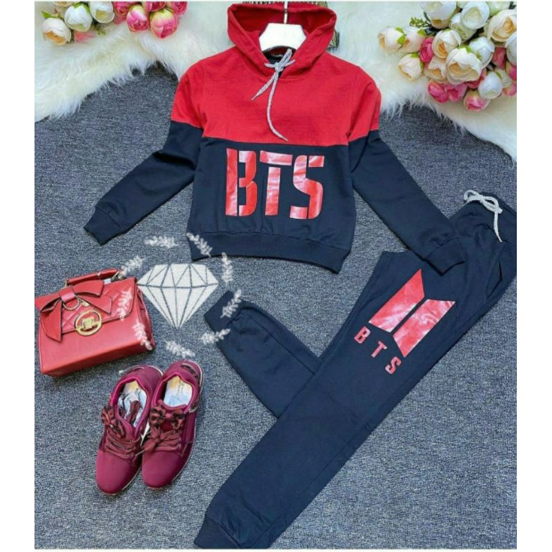 PCS SET PINARIA BTS HOODIE BAHAN BABYTERRY SETELAN ATASAN DAN CELANA KR ADA VIDEO REVIEW PRODUK