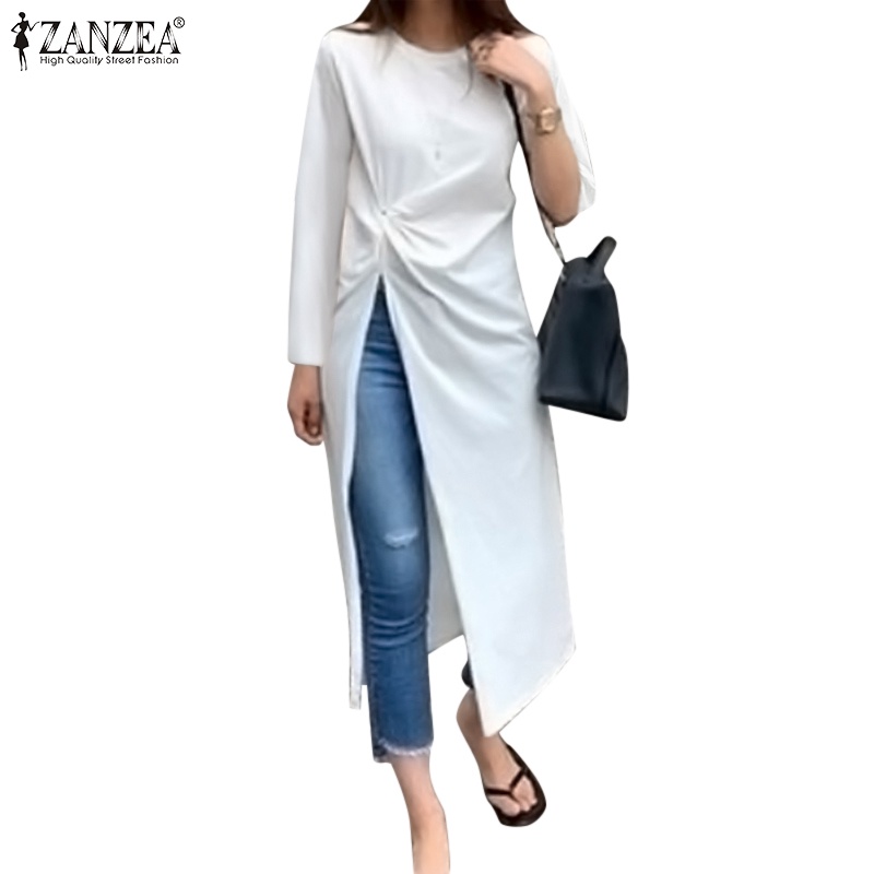 ZANZEA Womens Pleated Side Split Long Sleeve Casual Shirt O-Neck Irregular Long T-Shirt