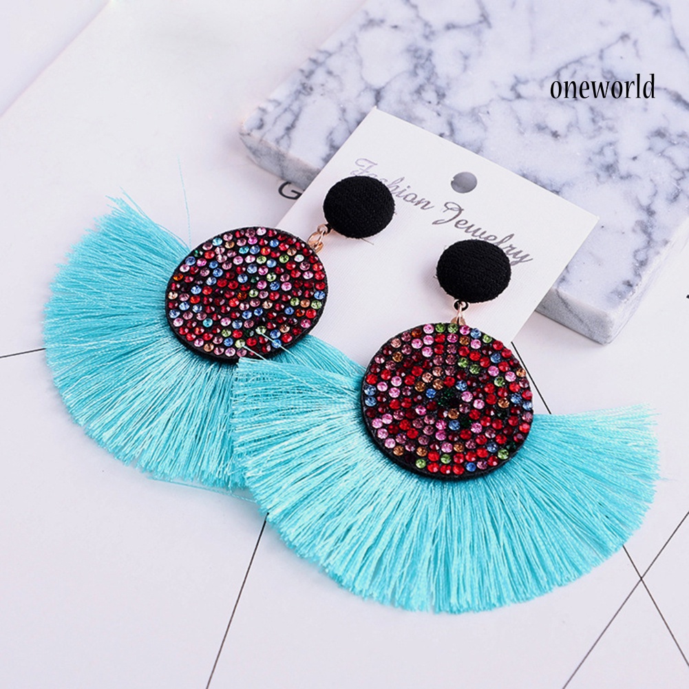 OW@ Bohemia Women Fan Shape Tassel Rhinestone Inlaid Ear Stud Earrings Jewelry Gift