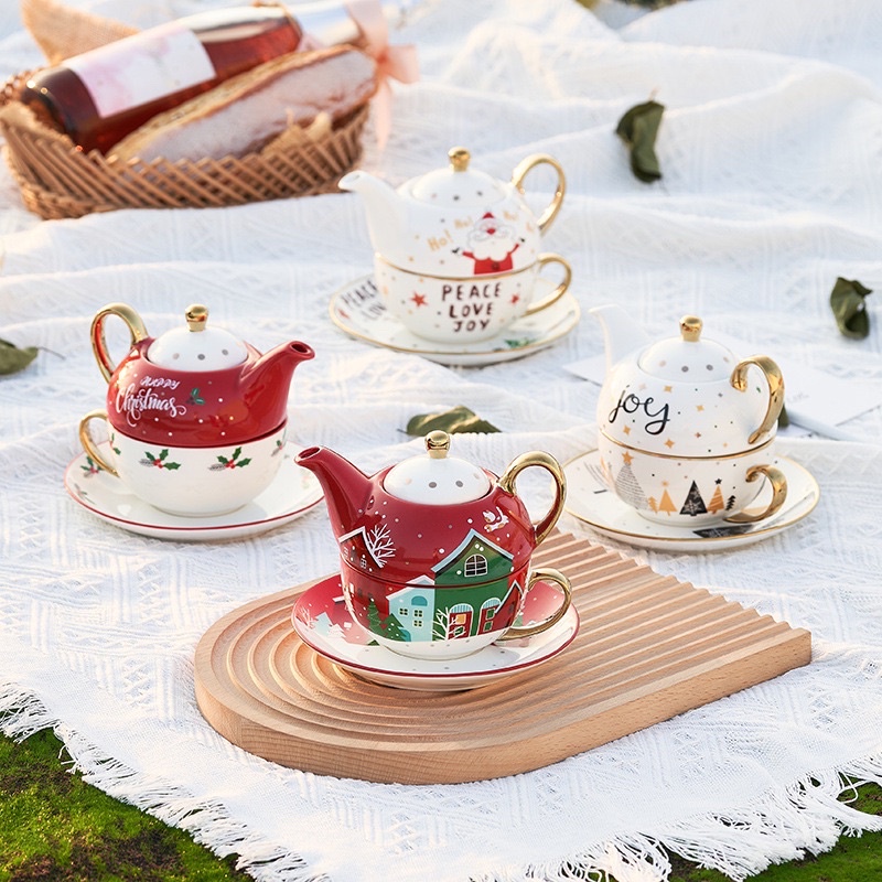 (A0414) Set teapot teko gelas cangkir teh impor natal hadiah parcel souvenir keramik unik lucu / Chr