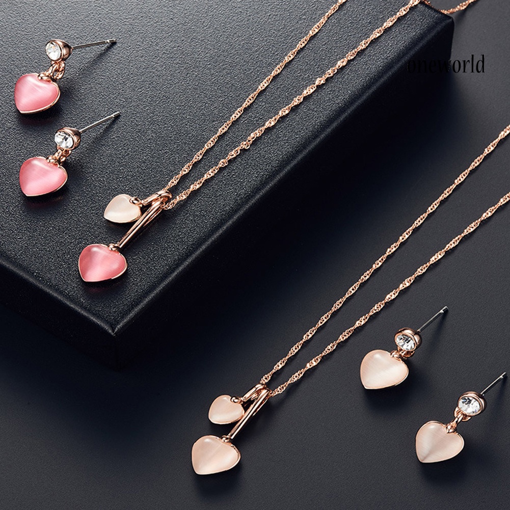 OW@ Romantic Rhinestone Faux Gem Love Heart Pendant Necklace Earrings Jewelry Set