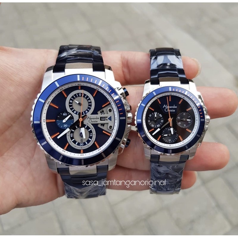 Jam Tangan Alexandre Christie Ac 6455 Original Blue Silver Couple
