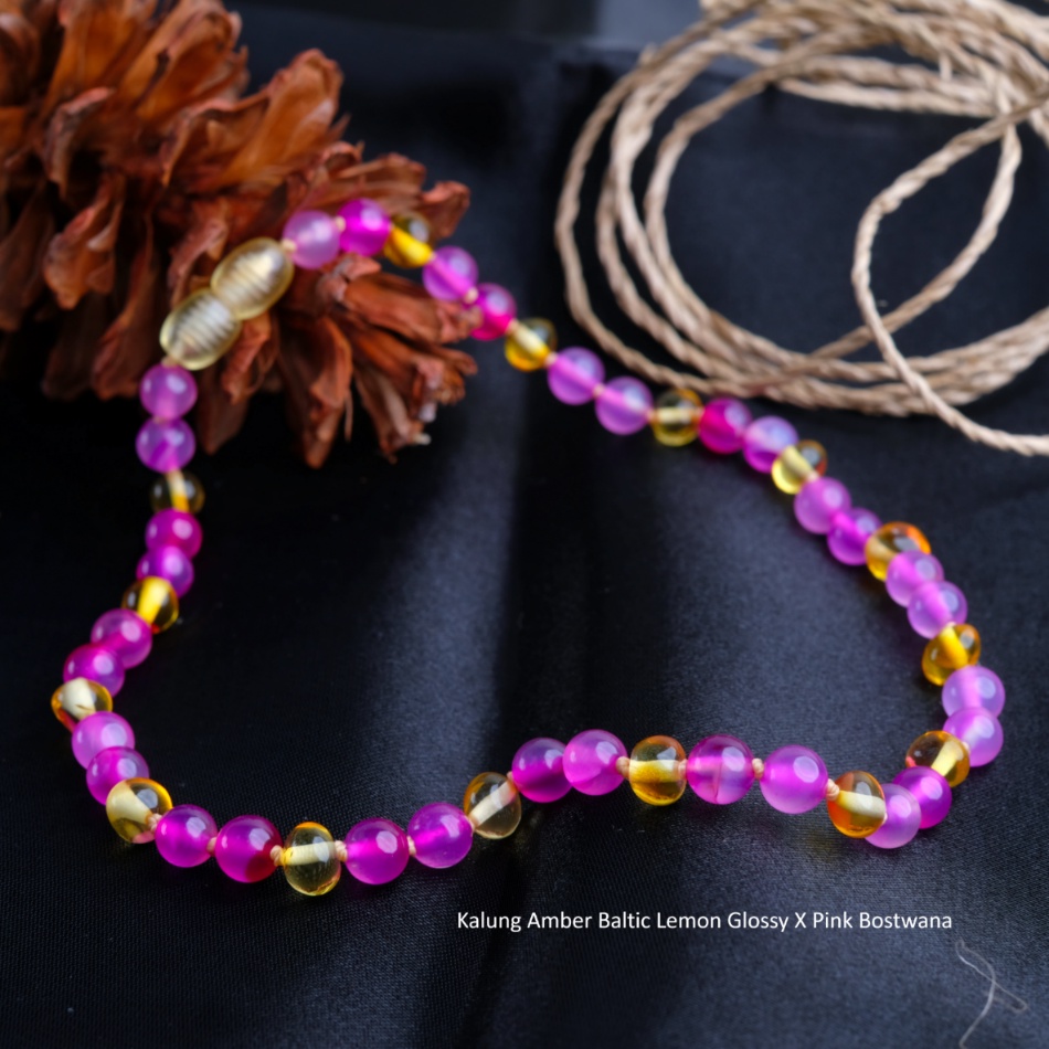 PROMO FREE GELANG - Kalung Amber Baltic Lemon Glossy X Pink Botswana by Amber Semut