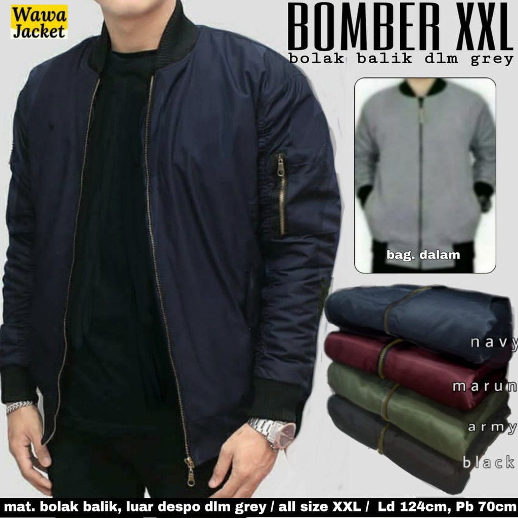 JAKET - OUTWEAR PAKAIAN PRIA COWOK BOMBER BIG JUMBO BESAR XXL BOLAK BALIK DESPO DALAM GREY (COD)