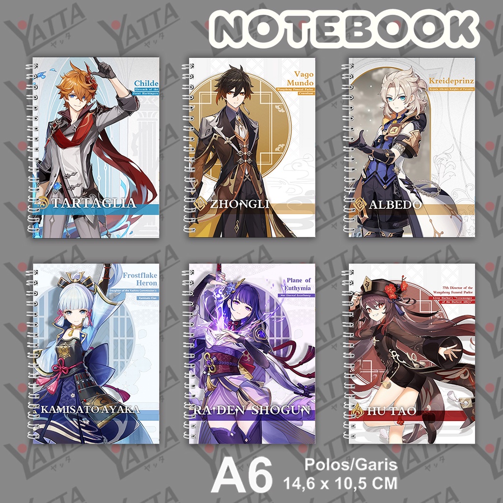 

Notebook Anime ukuran A6 10,5 cm x 14,8 cm Genshin Impact Zhongli Tartaglia Hu Tao Albedo Sayu Seri3 YOTAKUSHOP