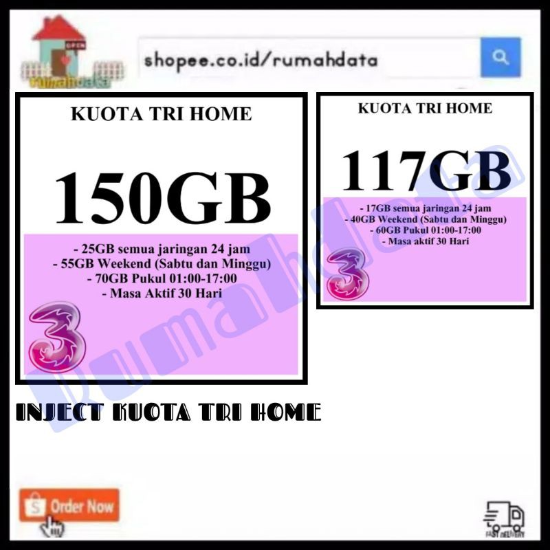 Tri Home Isi Ulang Kuota Paket Data Internet Tri Home Inject Murah 117GB 150GB Reguler 4G LTE