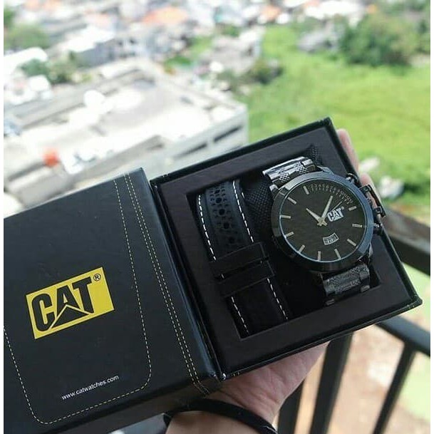 MUST HAVE JAM TANGAN PRIA SPORTY CATERPILLAR CAT SET BLACK TERBARU