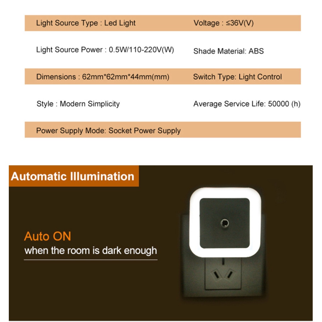 SHINE STAR - Lampu Tidur Otomatis Malam LED Kontrol Sensor Pintar Cahaya Kamar Gelap Hemat Energi Kotak - Random