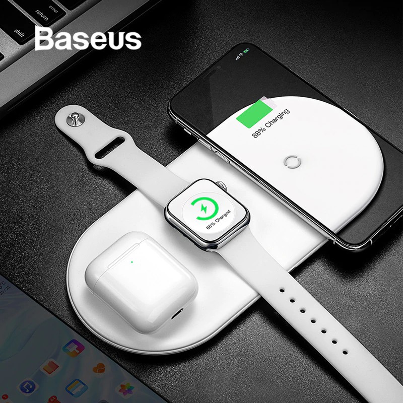 adapter Baseus 3 in 1 Qi Wireless Charger Pad for iPhone X XR XS Max Fast Wireless Charger for