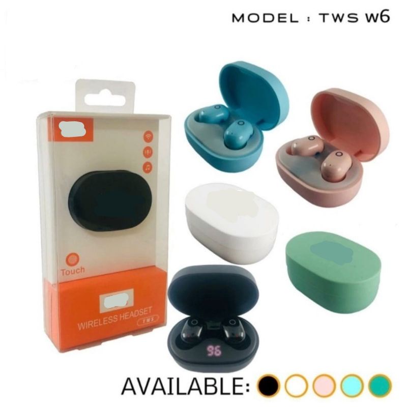 Headset Bluetooth TWS W6 LED Airdots Macaron Earbuds True Wireles