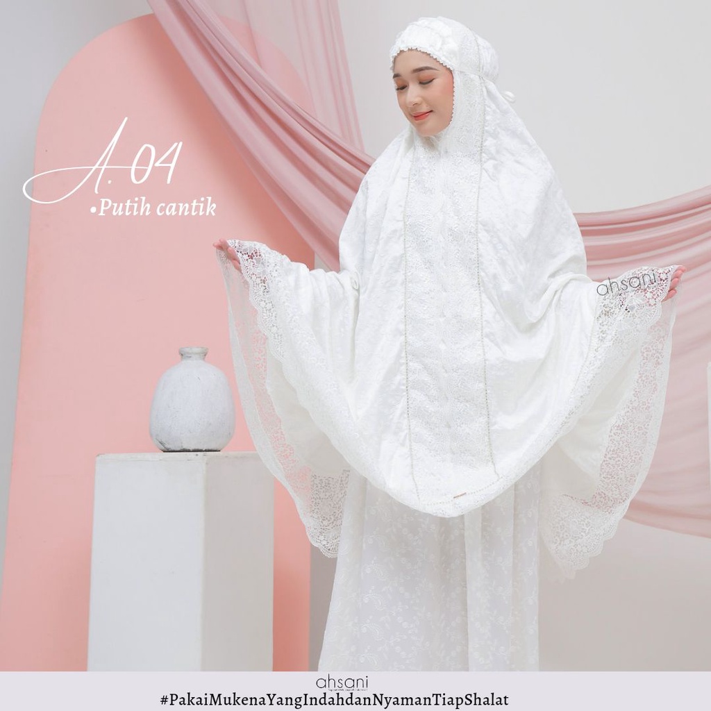 A.04 Mukena Ahsani Original Asli Bahan Sutra Full Bordir Daun Renda Kerancang Bungan Dan Swarovski M