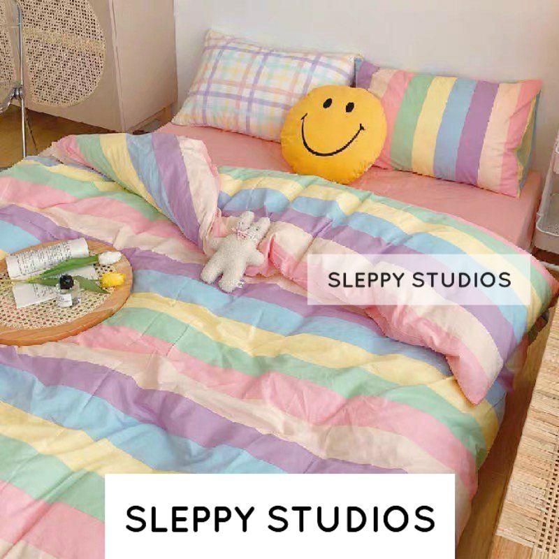 BEDCOVER + SPREI 1 SET AESTHETIC BUBBLEGUM RAINBOW PASTEL Katun All Size ( Semua ukuran ada ) 2 TONE