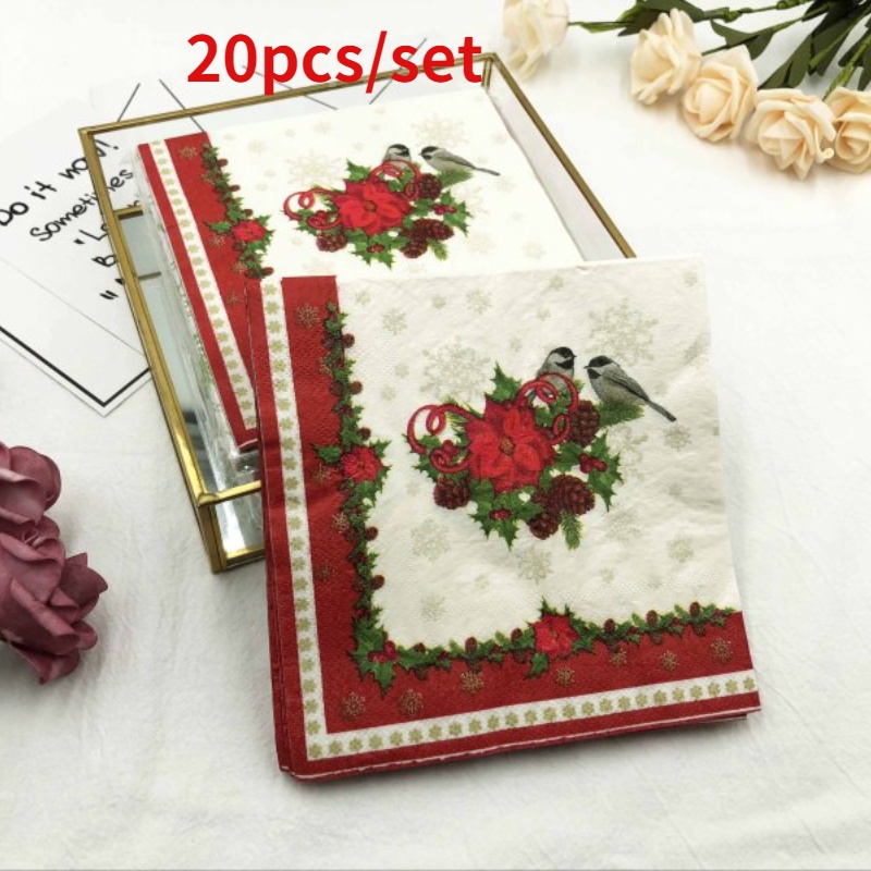 20pcs/set Christmas Red Lace Bird Colorful Printed Napkins Festive Party Paper Napkins