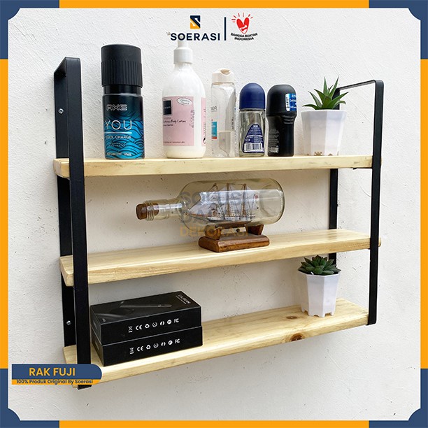 FUJI rak dinding 3 ambalan kayu dan besi buku make up hiasan dekorasi - Natural, 30Cm
