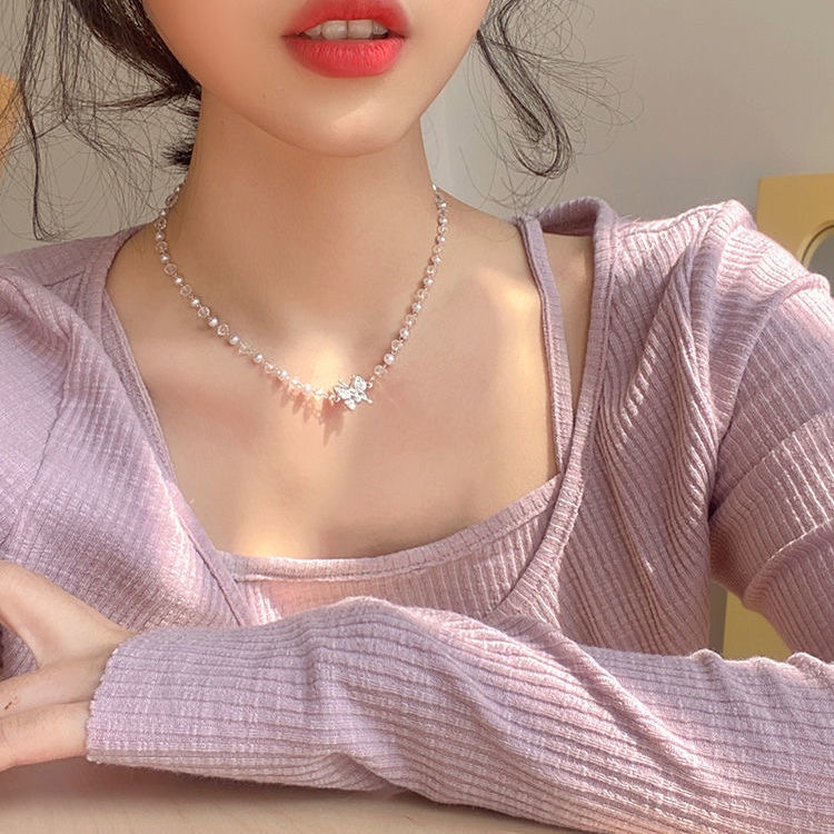 YEEZII Korea Butterfly Pendant Necklace Pearl Crystal Beads Silver Choker Women Jewelry Accessories