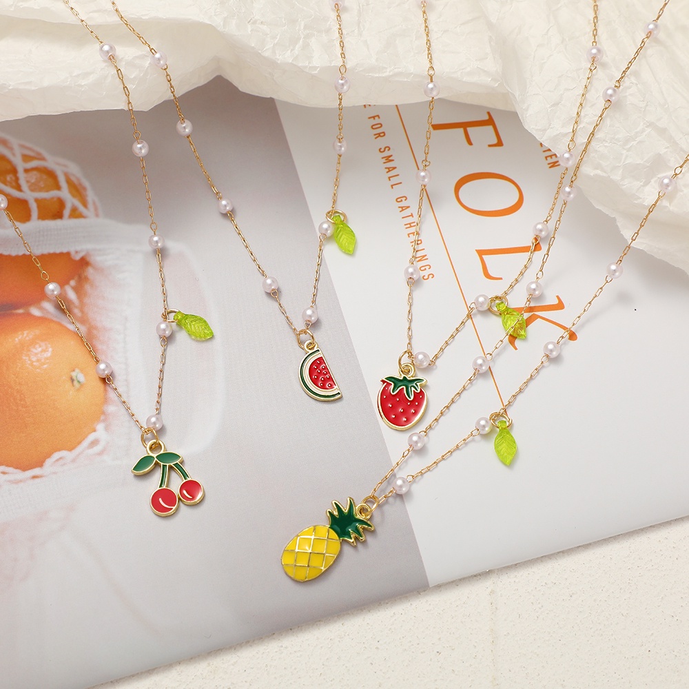 YEEZII Korean Fashion Fruits Necklaces Pineapple Strawberry Cherry Pendant Silver Chain Women Accessories