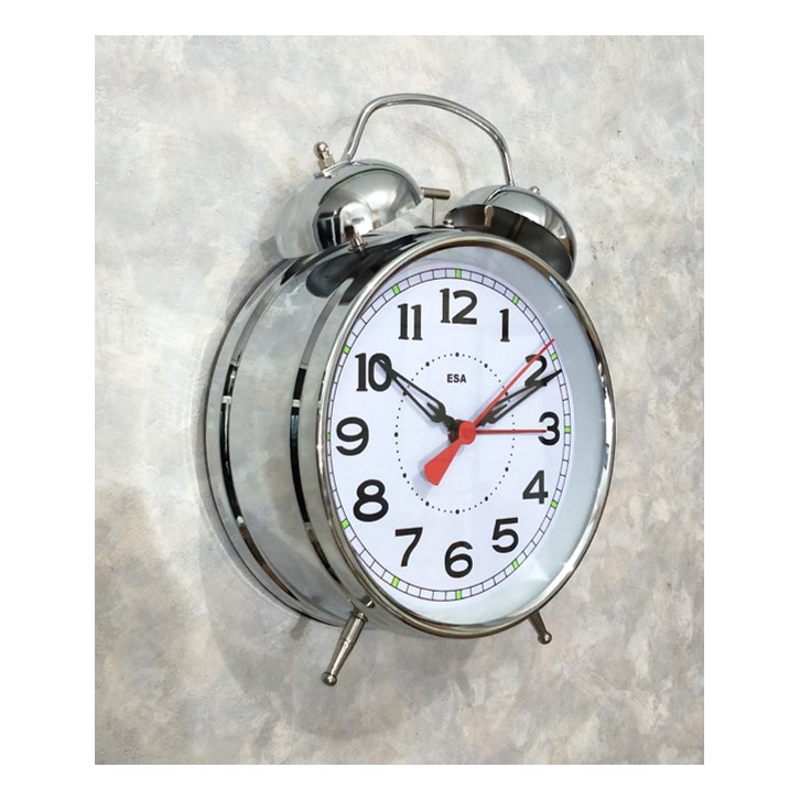 Jam Dinding Meja Alarm Clock Silver Gaya Retro Klasik 25cm Dengan Tenaga Putaran Mekanikal