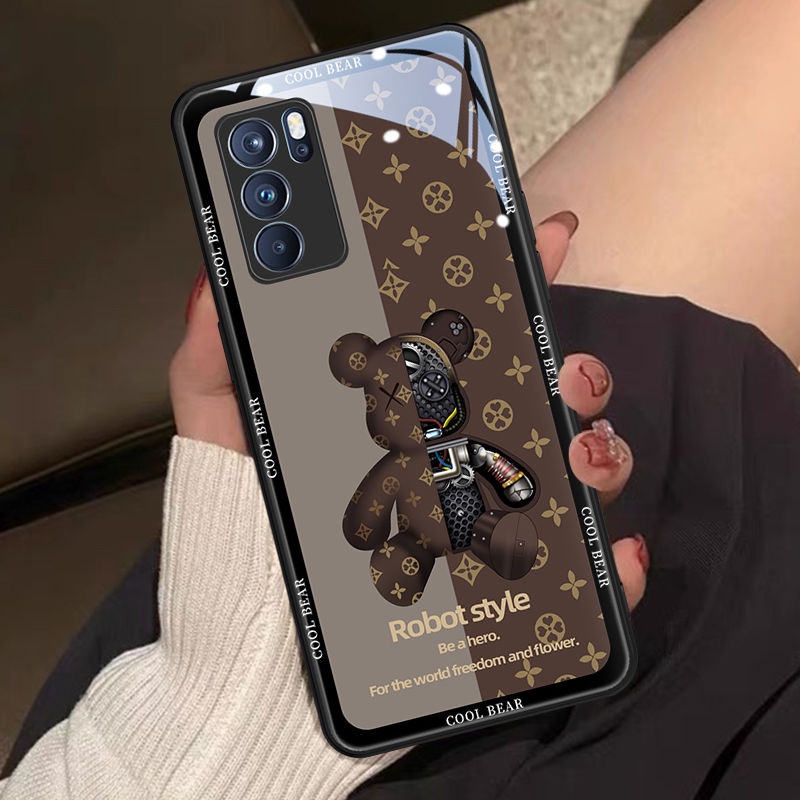 Bingkai Ganda Beruang Pola Casing Ponsel untuk Oppo Reno5 Reno5pro Reno6 Reno6Pro Reno6Z Penutup Kaca Blxl