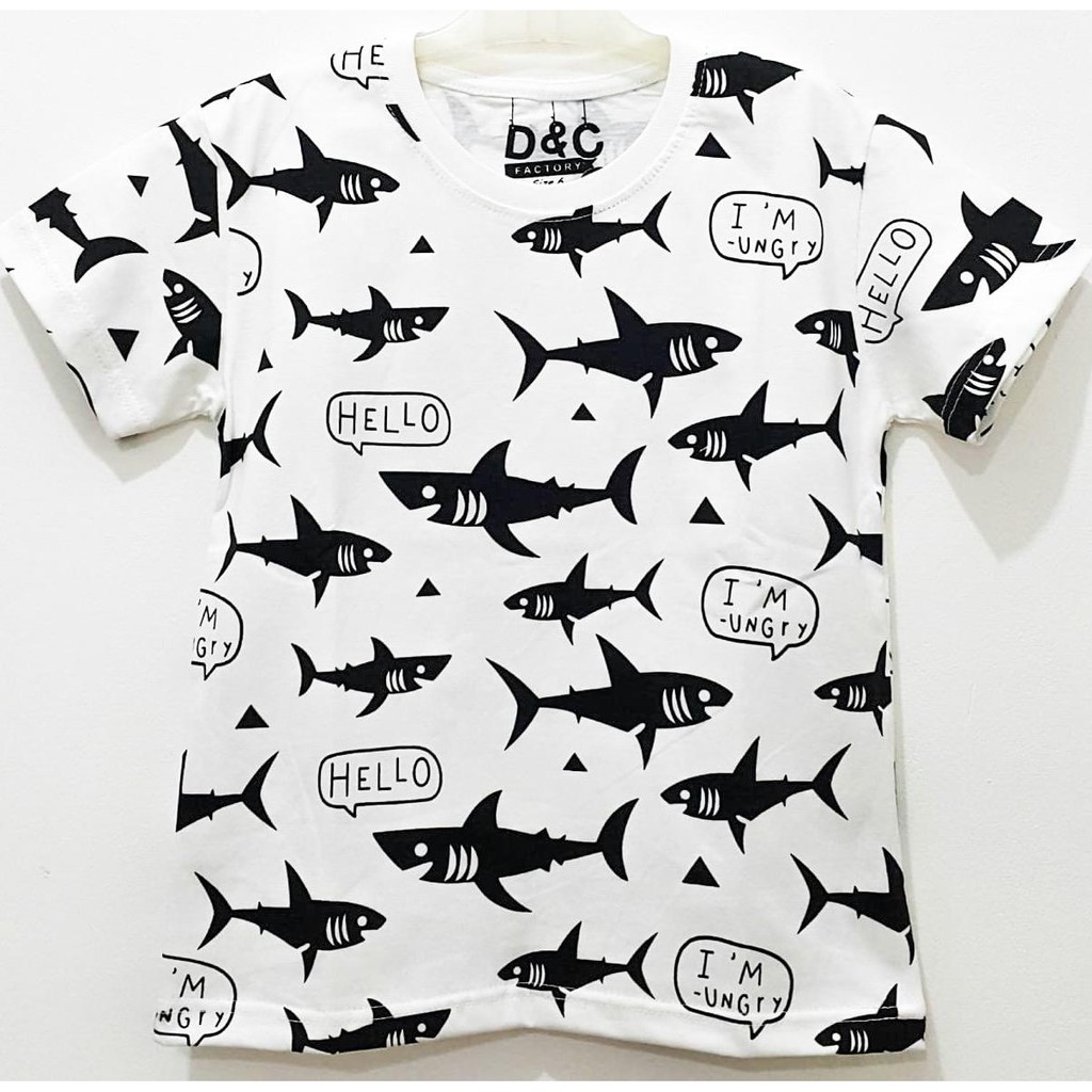 Atasan Kaos Anak Baby Shark Ikan Hiu Hitam Putih Full Print 1 10