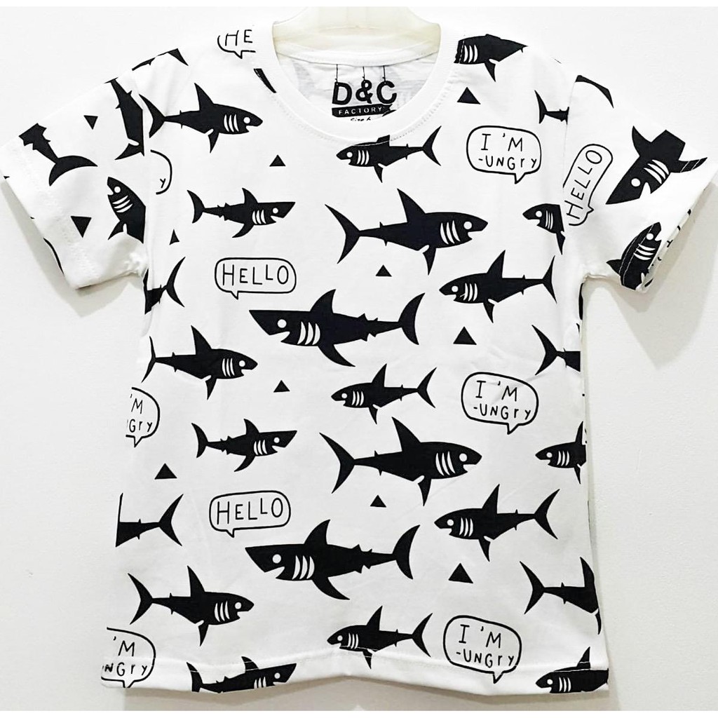 atasan kaos  anak  baby shark ikan hiu hitam  putih  full 